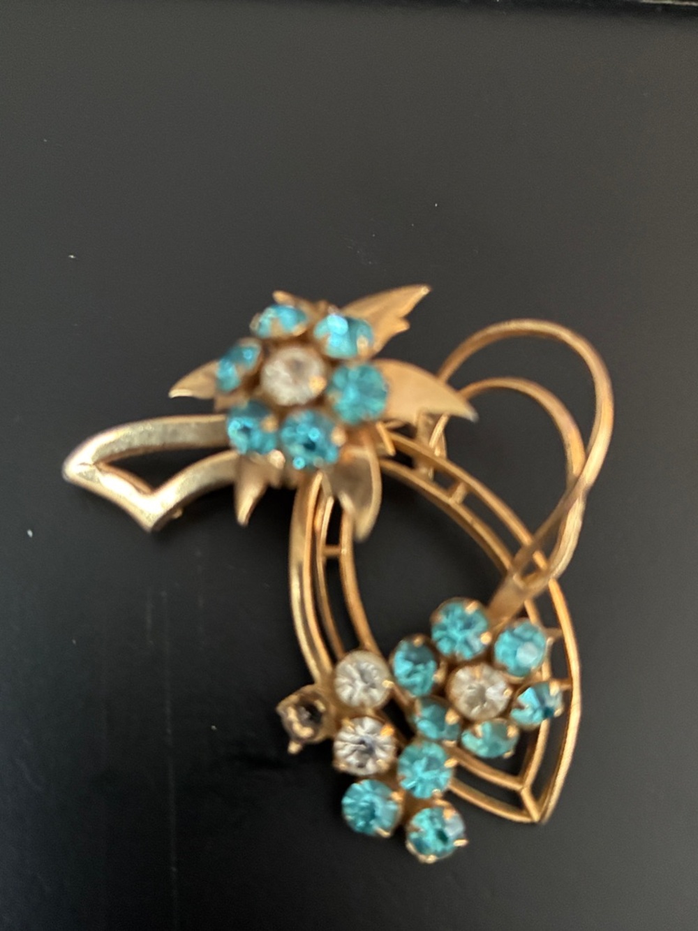 Gold-Tone Floral Brooch with Turquoise and Clear Stones
